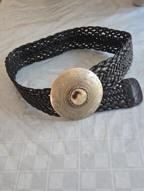 Handmade Moroccan Braided Black Leather Belt with Decorative Silvertone Buckle